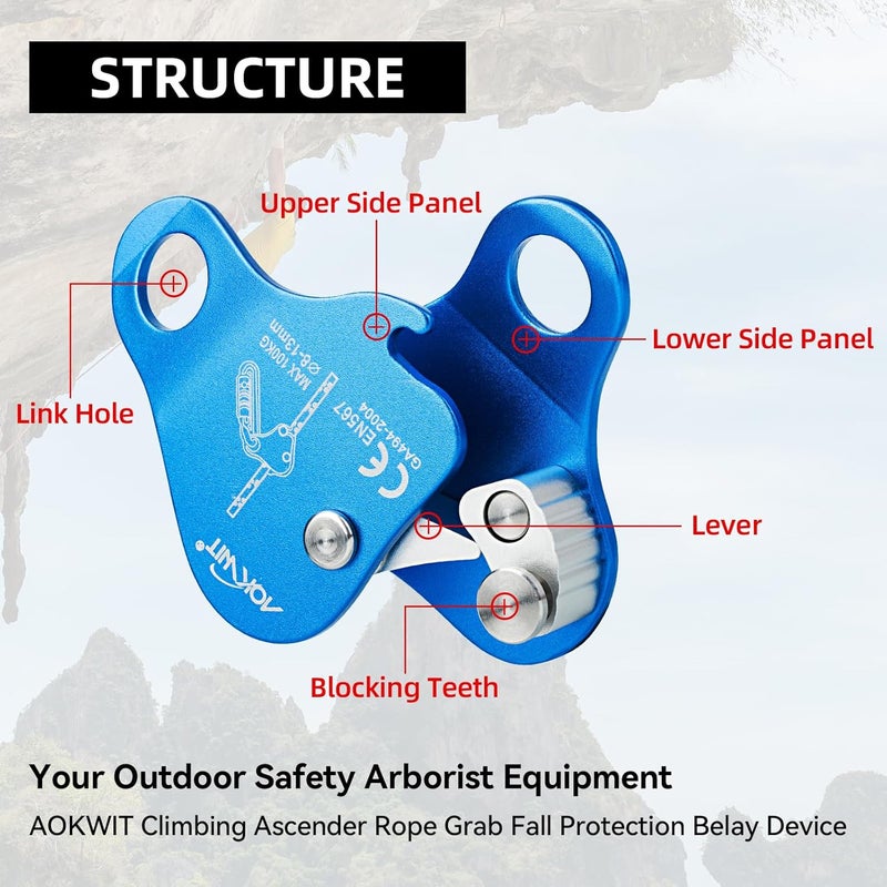AOKWIT Climbing Ascender Rope Grab Fall Protection Belay Device Tree Climbing Gear Rappelling Equipment Rope Ascender for Rock Climbing Mountaineering Arborist Caving Rescue Aerial Work 8-12mm Ropes - Image 4